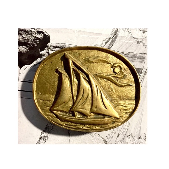 Vintage Hand Tooled Brass Sailboat Belt Buckle - Picture 3 of 5
